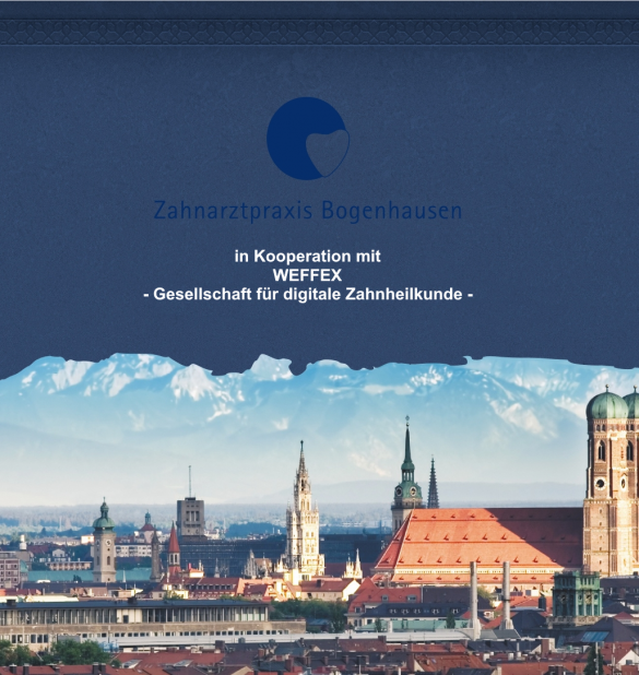 Beitragsbild zu WEFFEX - Gesellschaft für digitale Zahnheilkunde - zeigt die Dächer Münchens vor Alpenhintergrund und das Logo der Zahnarztpraxis Bogenhausen
